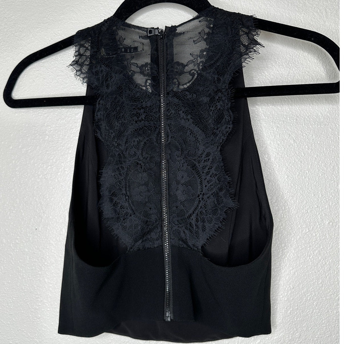 Alice + Olivia Crepe de Chine Black Lace Going Out Crop Top 0
