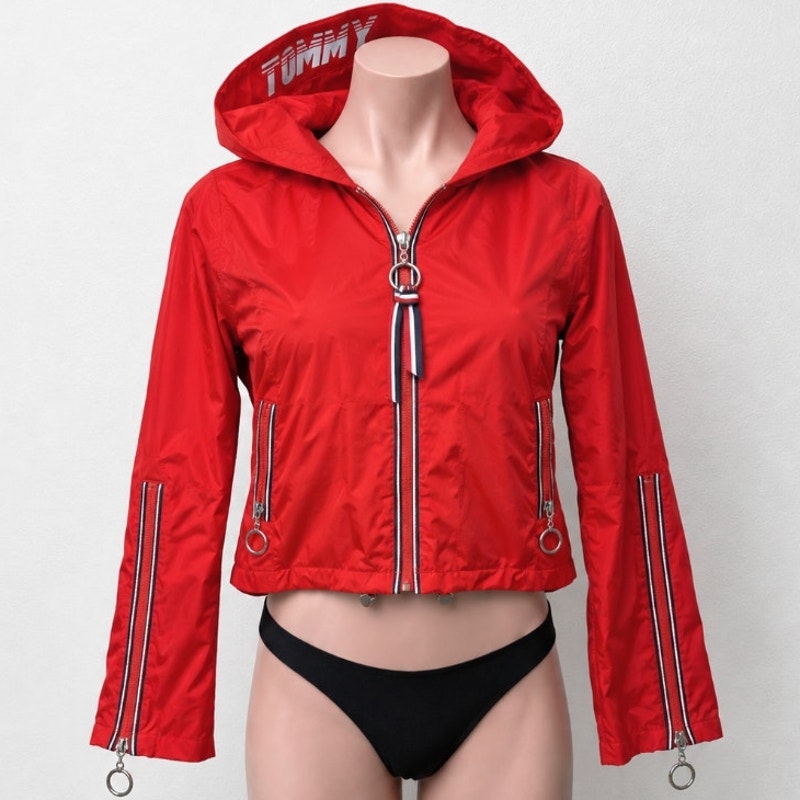 Tommy X Gigi Hadad Visor K-Way Jacket Flame Scarlet-Red Front Zip Mesh Lining SM