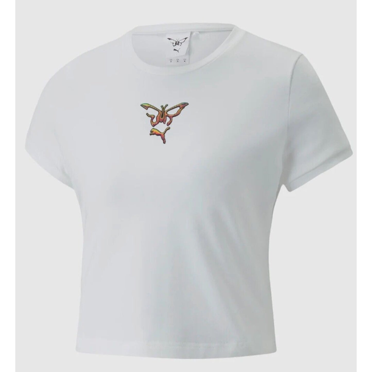 NWOT Puma X Dua Lipa White Babydoll Butterfly Puma Hologram Graphic Crop Tee SM