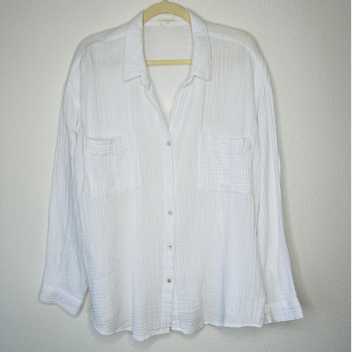 Eileen Fisher 100% Cotton Linen Long Sleeve Button Down Puckered Shirt L