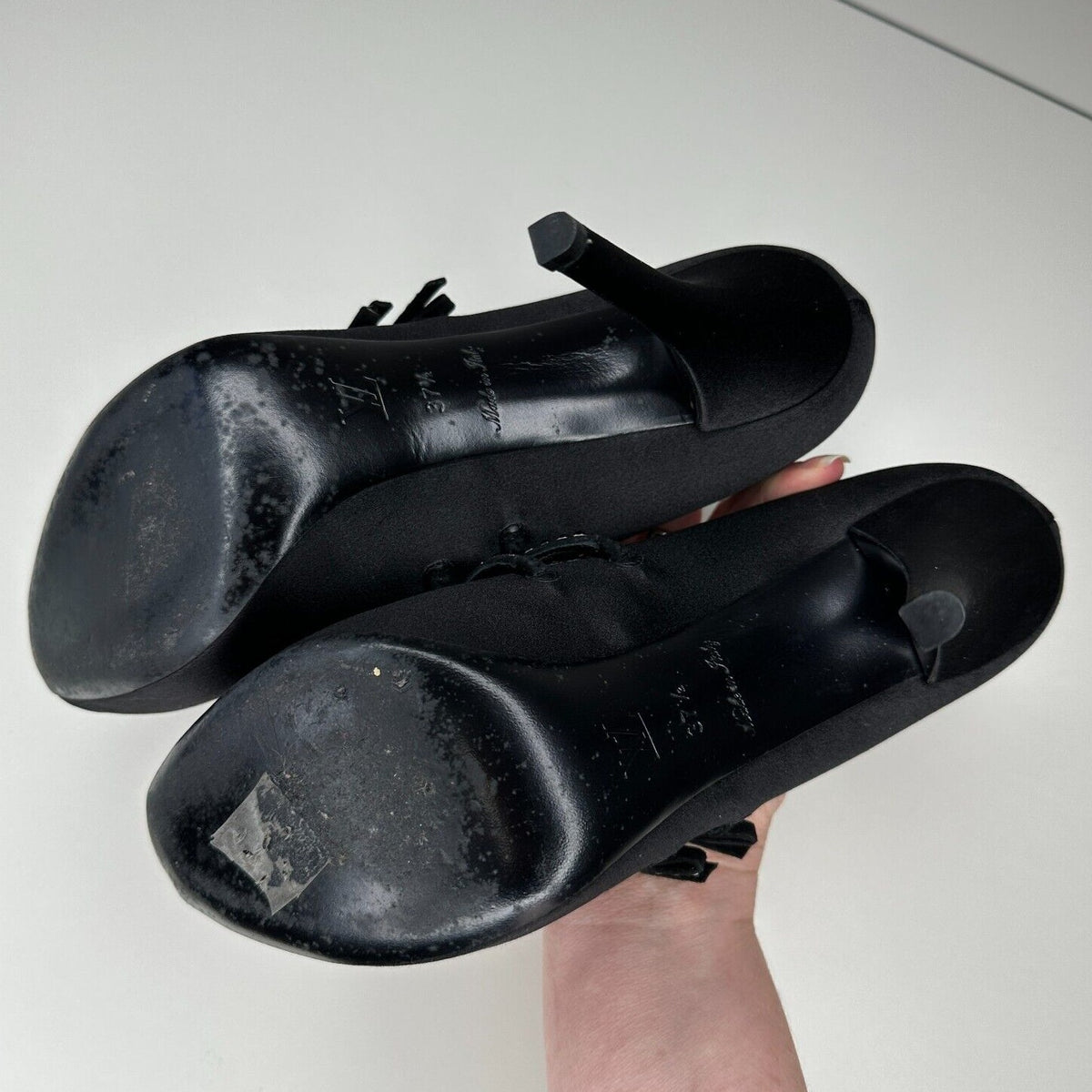 Louis Vuitton Vintage Black Satin Open Toe Crystal Strap Embellished Pumps 37.5