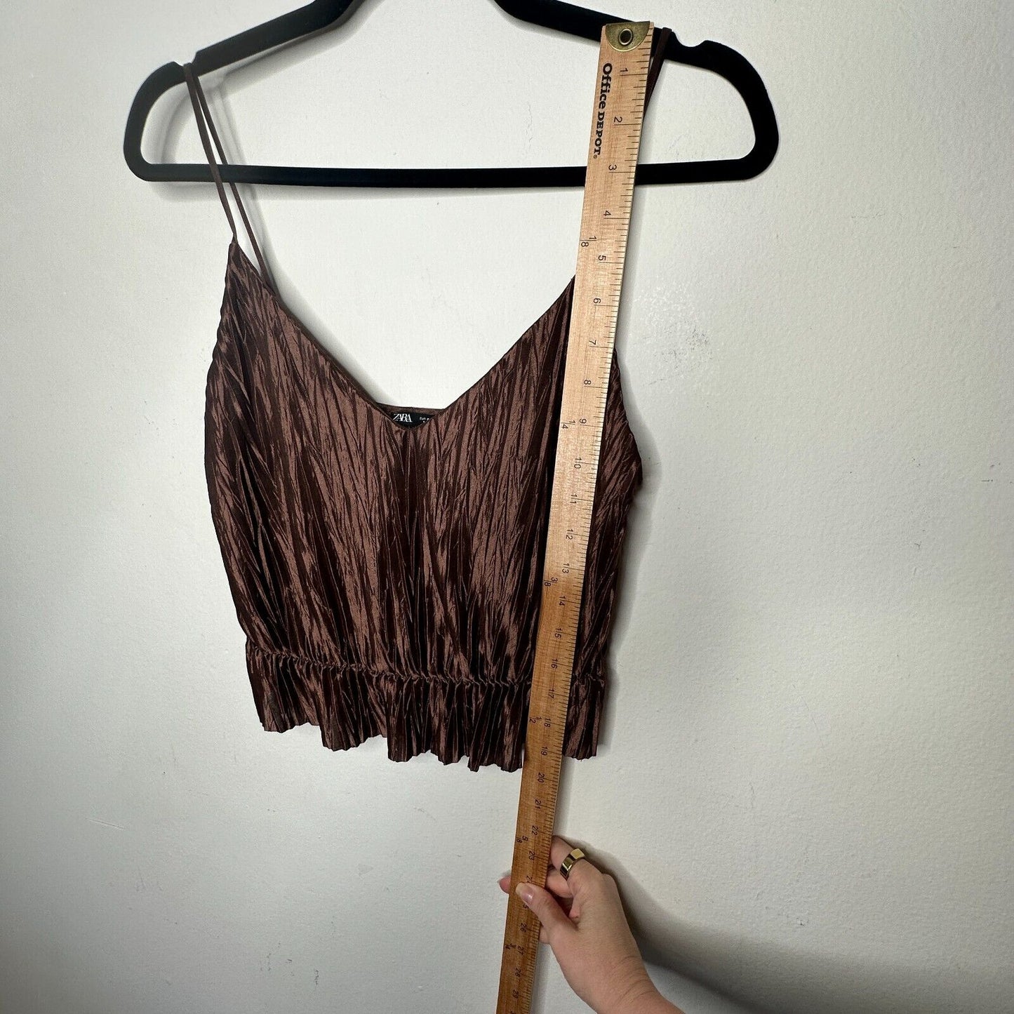 Zara Bronze Brown Travel Crinkle Satin Peplum Tank Spaghetti Strap V-Neck S