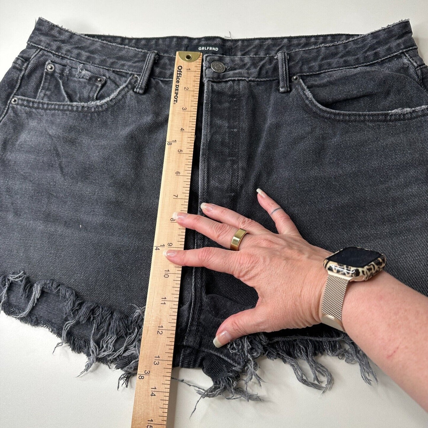 GRLFRND Cindy Hidden Button Fly High Rise Gray Cut-Off Jean Shorts Raw Hem 32