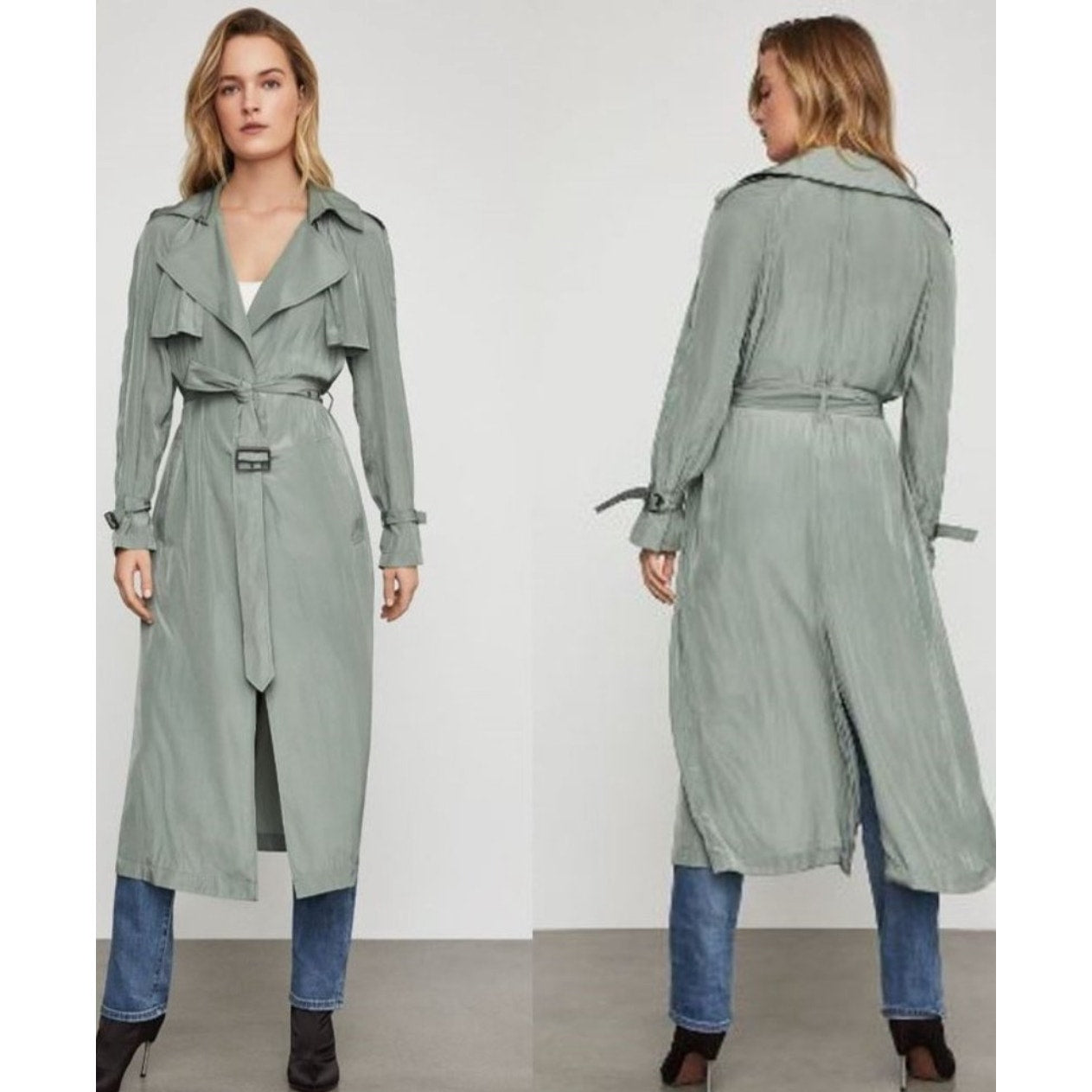 BCBGMaxazria Sage Green Ultra Thin Wide Notch Lapels Wrist Ties & Belt Jacket S