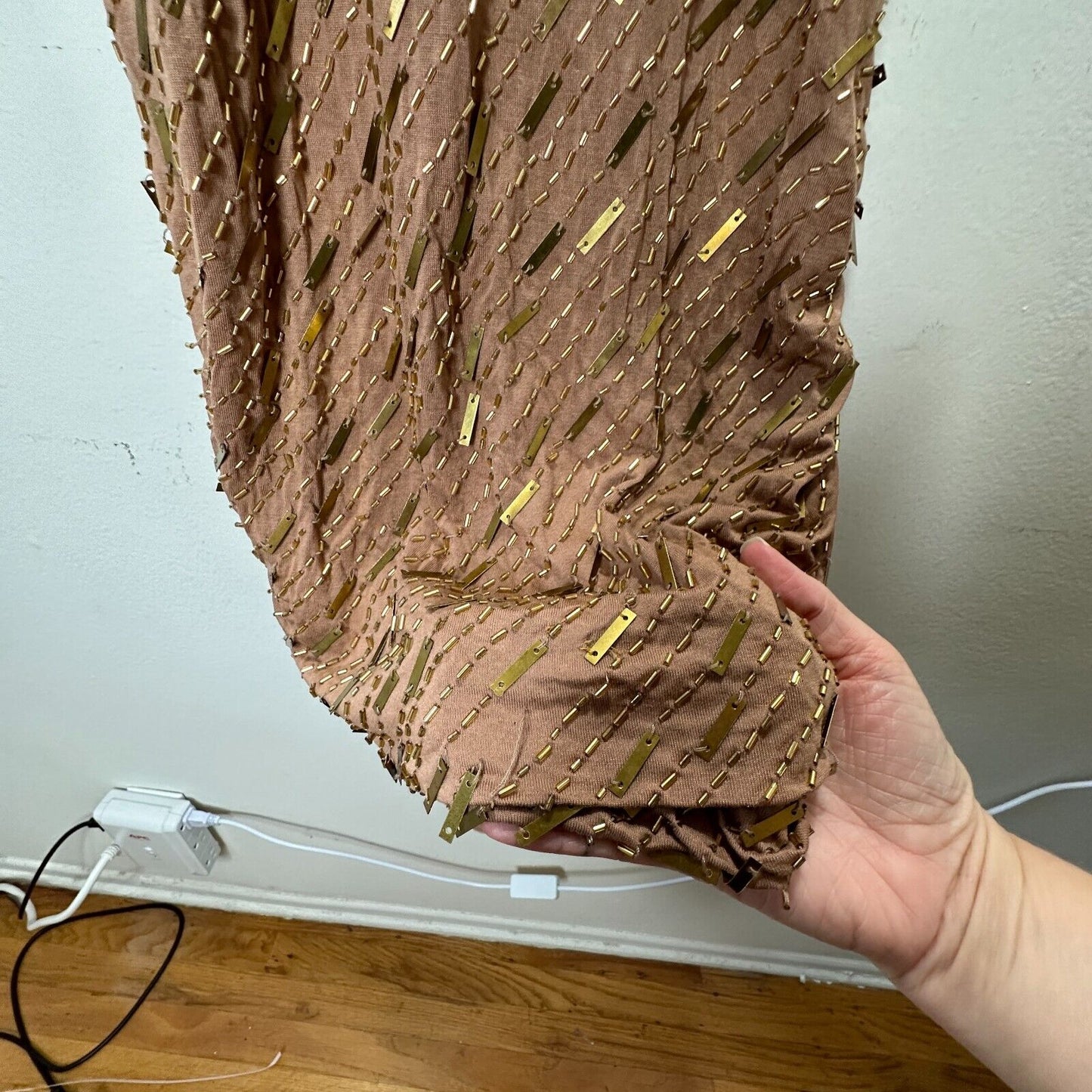 Haute Hippie Chocolate Brown Tank Mini Dress Side Ruche Gold & Beaded Adornment