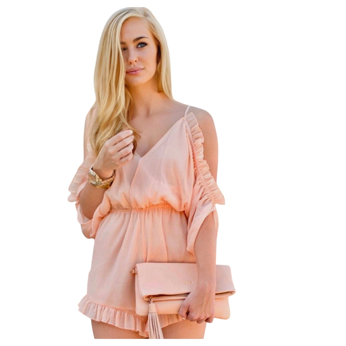 Lovers + Friends Cute Peach Malia Ruffle Cold Shoulder Deep-V Open Back Romper L