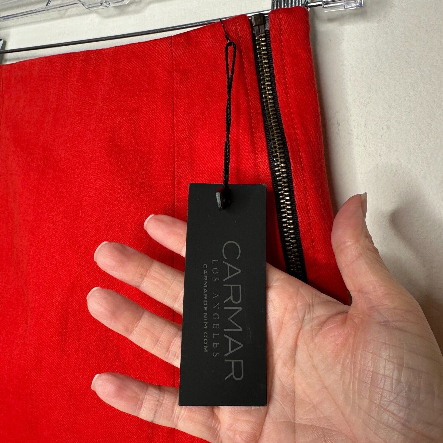 NWT Carmar Red Margery Mini Pencil Skirt Contrast Black Side Stripe Zippers 24