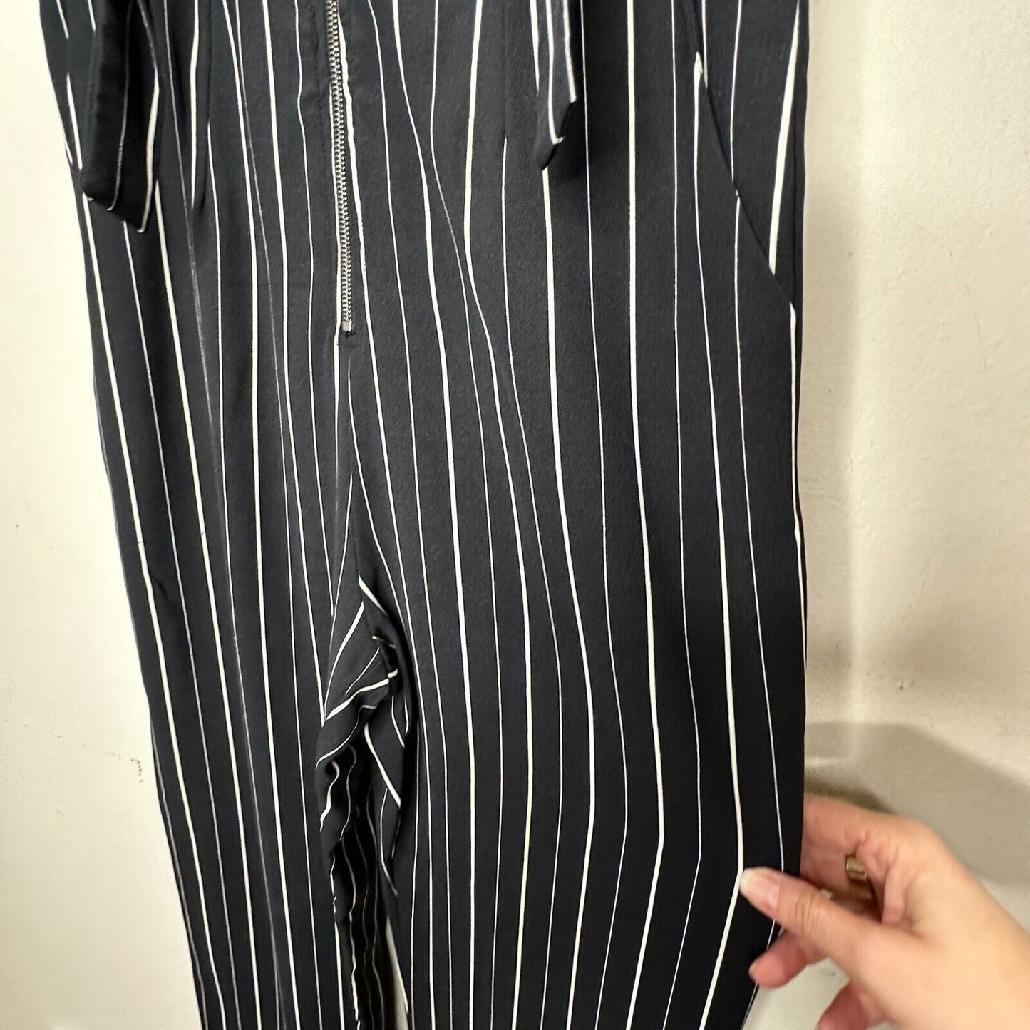 Dance & Marvel Black & White Pinstripe Cinched Sides Wide Leg Front Zip Jumpsuit