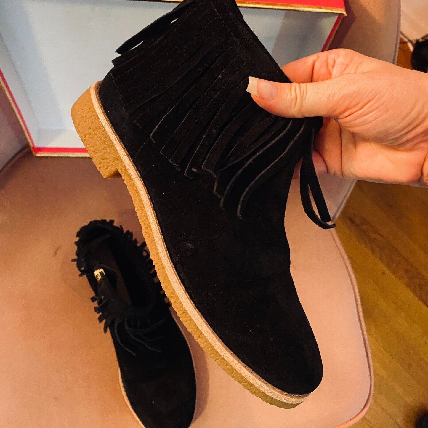 NIB Kate Spade Cute Betsie Black Fringe Suede Bootie Ankle Boot Gold Zipper 6