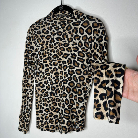 BLDWN Tan and Black Cheetah Knit Print Long Sleeve Mock Neck Fitted Knit Top S