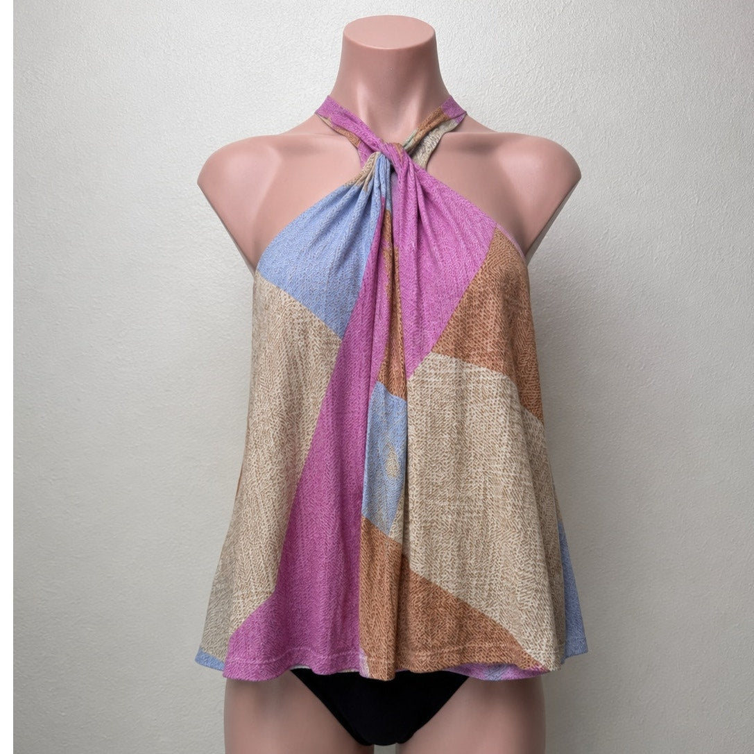 NWT Oneill Bahama Pink Tan Blue Button Keyhole Tie Racerback Top XS