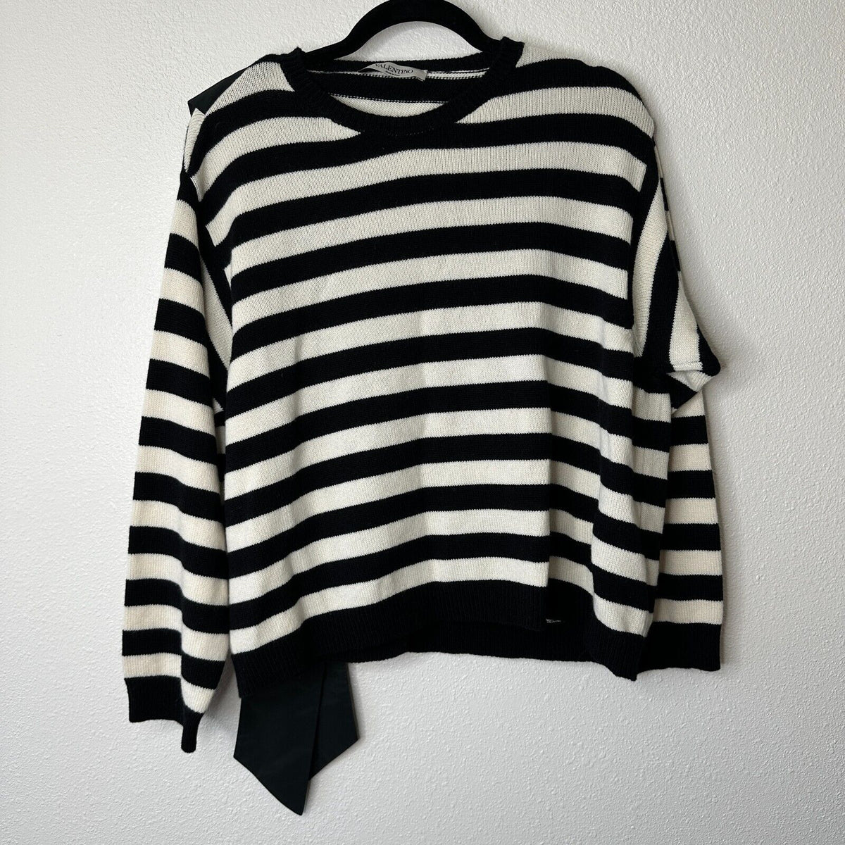 Valentino Off White & Black Horizontal Stripe Open Back Satin Shoulder Tie Top L