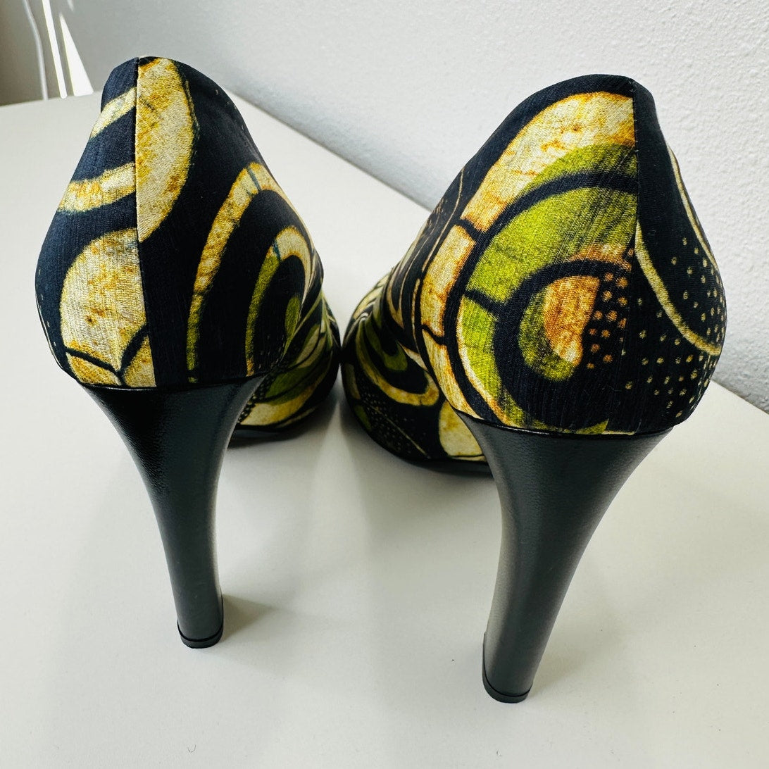 Dries Van Noten Italy Silk Leather Black Green Tan Platform 5" Heel Shoe 37.5 / 7.5