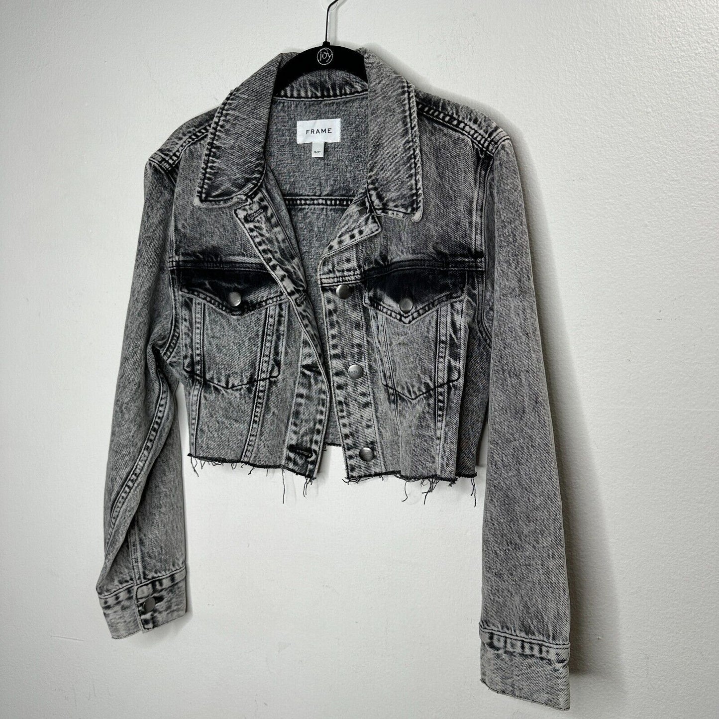 Frame Stonewashed Gray Faded & Distressed Crop Jacket Front Button Raw Hem S