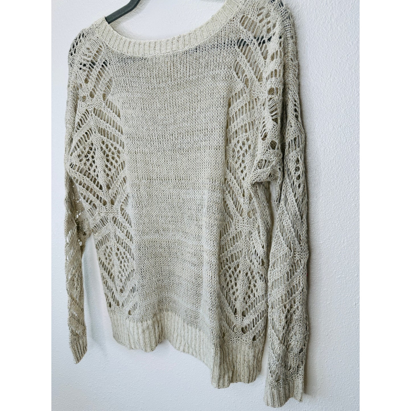 Staring at Stars Beige Tan Open Stitch Thin Round Neck Sweater Small