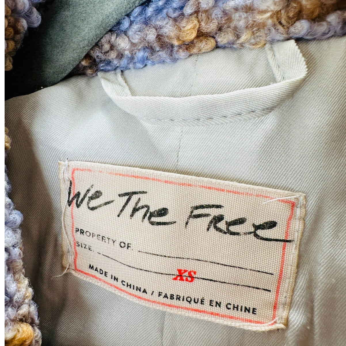 We The Free Fuzzy Loop Stitch Ivory Blue Tan Mock Neck Zip Jacket XS