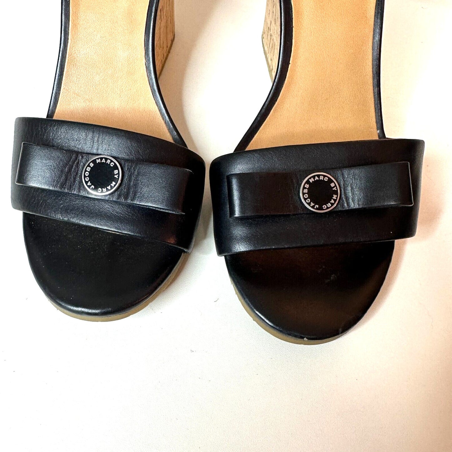 Marc by Marc Jacobs Black Leather & Cork Wedge Ankle Strap Sandals Silver 7.5