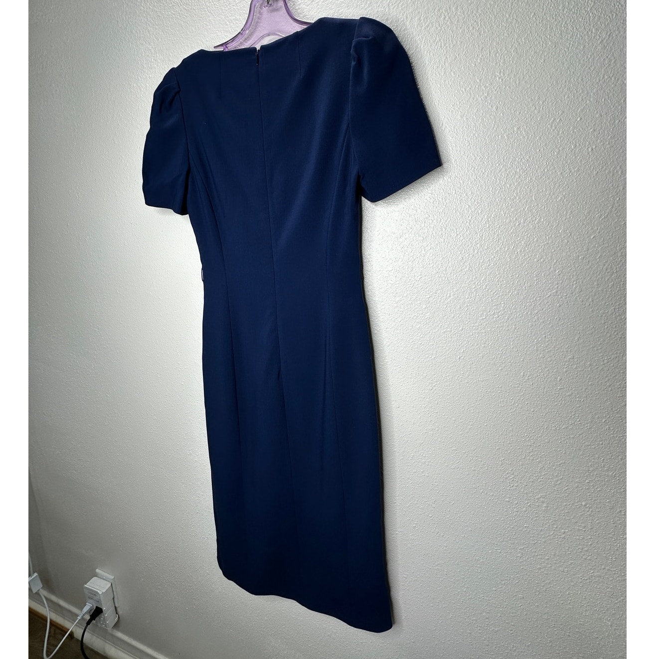Michael Kors Navy Blue V-Neck Cap Sleeve Front Slit Fitted Midi Dress 2