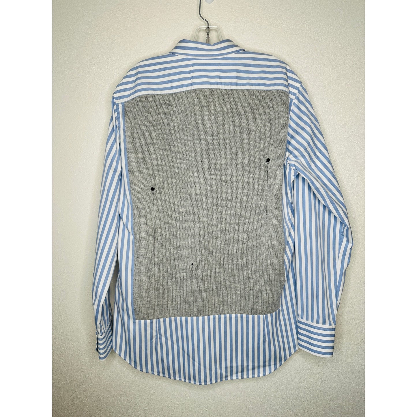 Maison Margiela Distressed Gray Vest Layered Blue & White Stripe Shirt