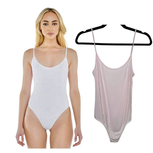 American Apparel Pink Rib Knit Spaghetti Strap Scoop Neck U-Back Bodysuit Medium