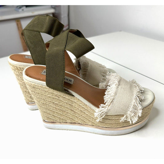 Steve Madden Venus Wedge Beige Fringed Canvas Green Ankle Espadrille Wedges 5.5