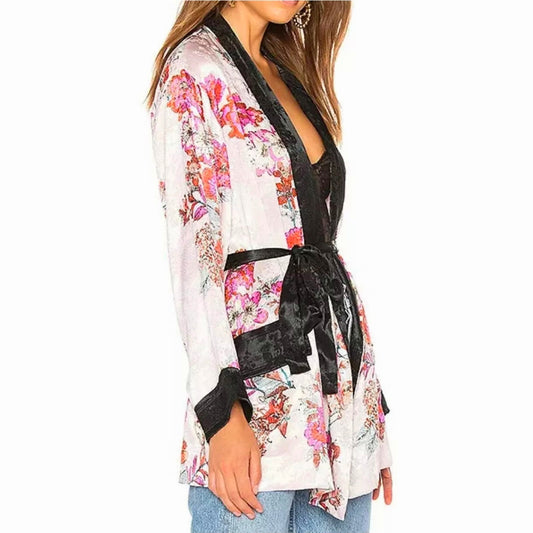 Free People Intimately Pale Pink Cream Multicolor Floral Asian Kimono Bathrobe XS