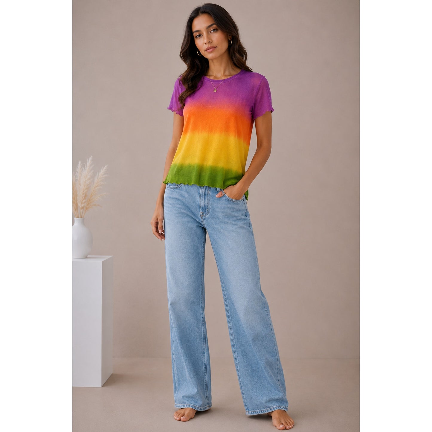 The Elder Statesmen Rainbow Tie Dye Machine Cut Sleeves & Hem Round Neck Sweater