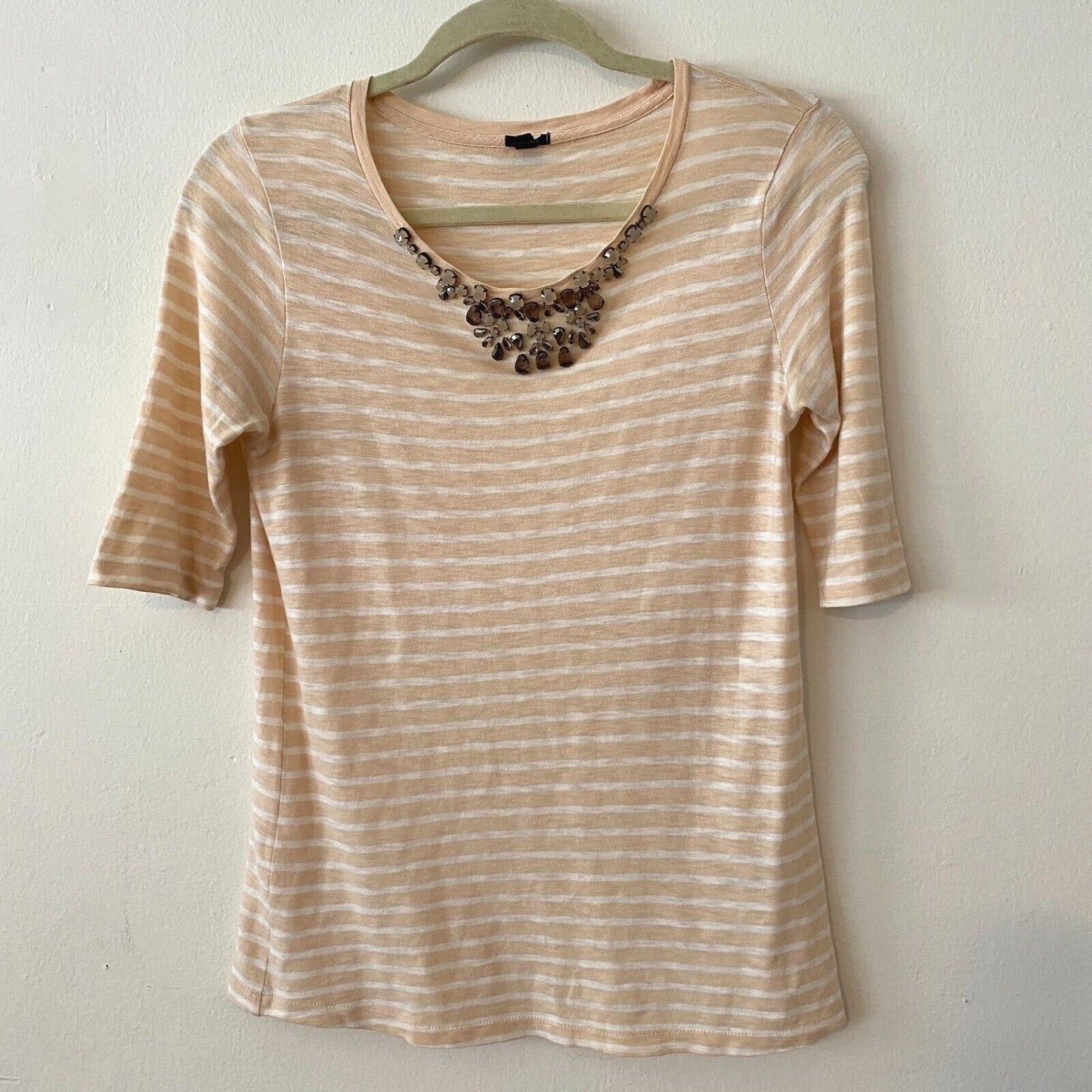J Crew Jeweled Gem Stone Round Neck Peach and White Striped Painter Tee XS
