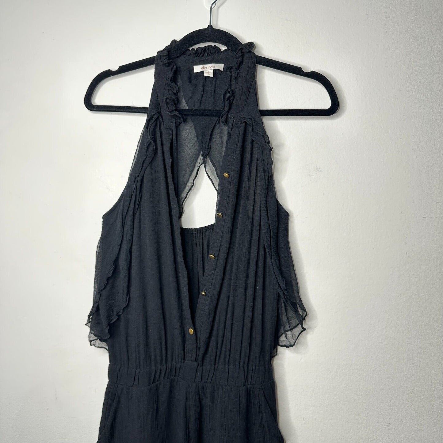Revolve Ella Moss Black Piana Romper Tie Closure Ruffle Trim Back Cut Out S