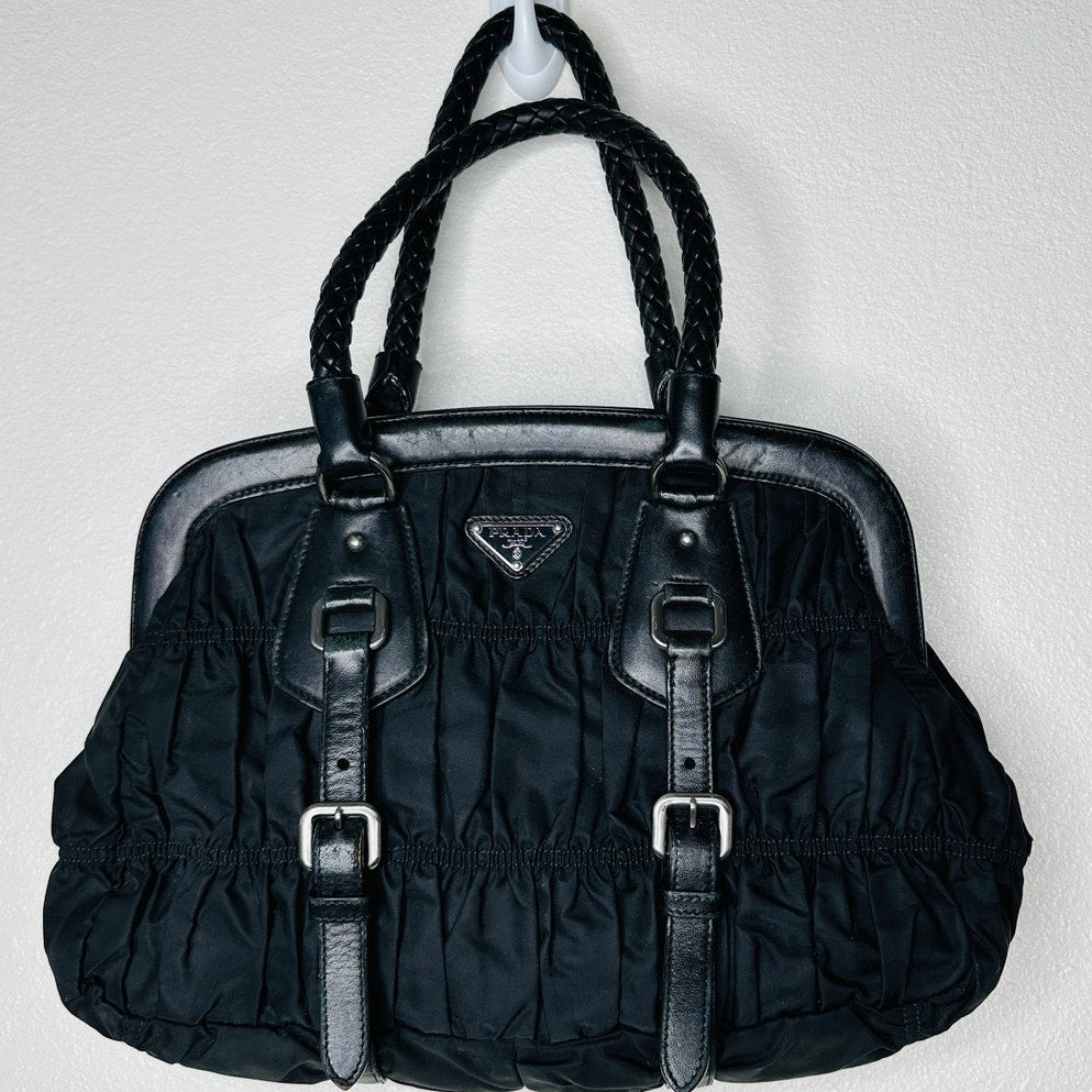 Prada Vintage 90s Black Nylon & Leather Buckle Braided Handle Purse