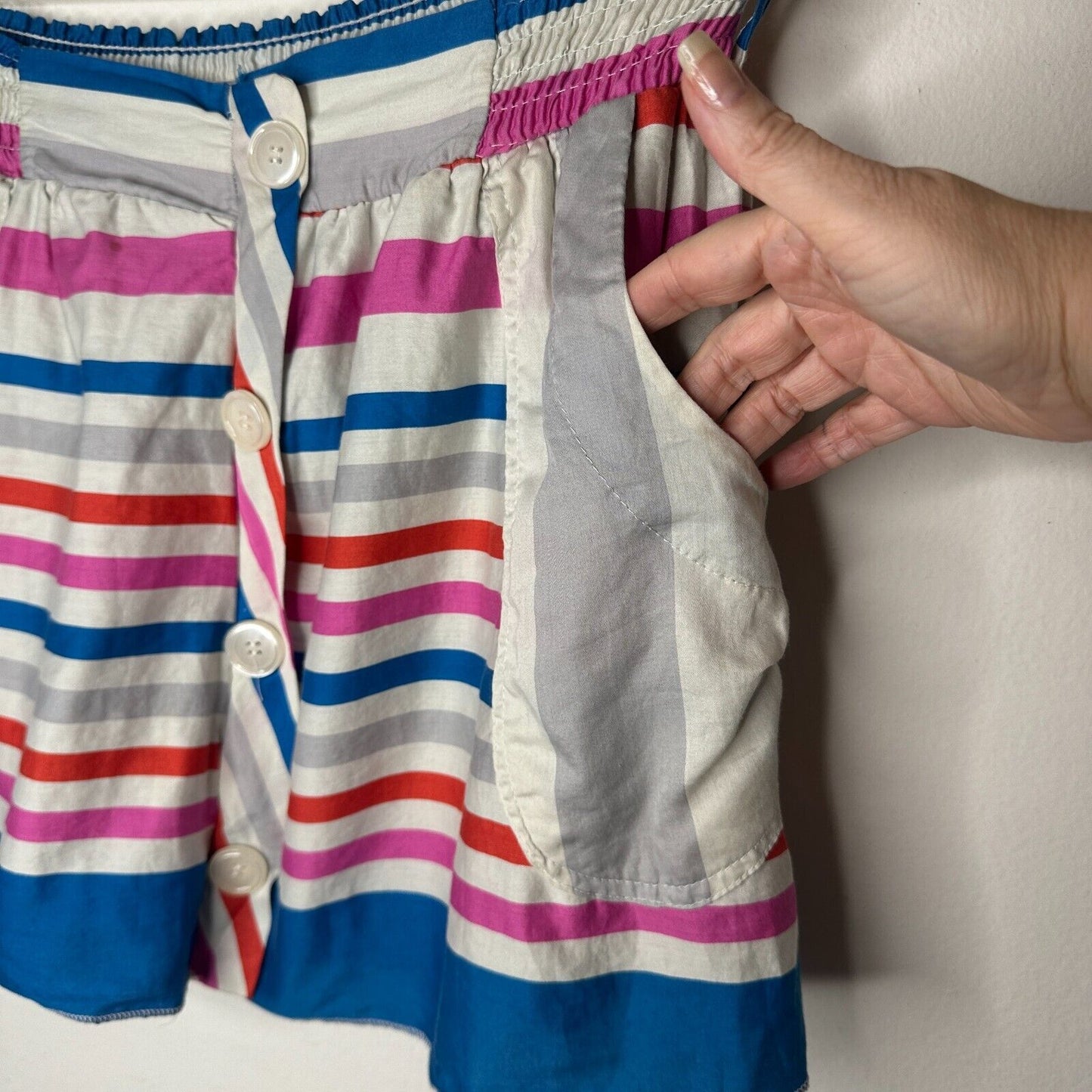 Nautical Blue Pink White Gray Stripe Button Front Patch Pockets Mini Skirt Small