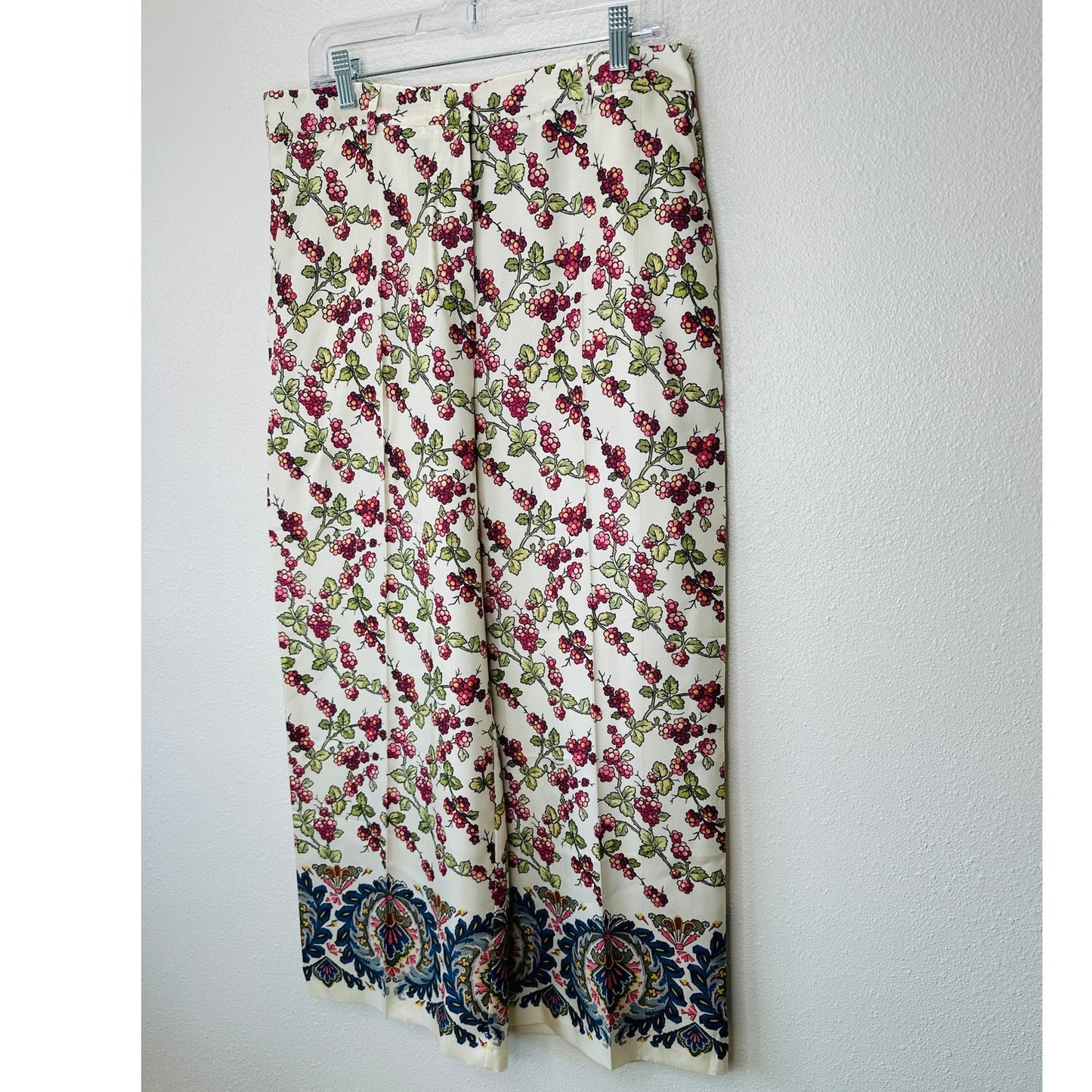 NWT Etro Vanilla Silk Leaf Print Cropped Wide Leg Designer Pants Paisley Hem