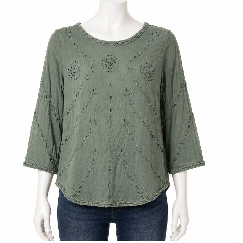 Gap Olive Green Embroidered Eyelet 3/4 Sleeve Crew Neck Blouse Top XS