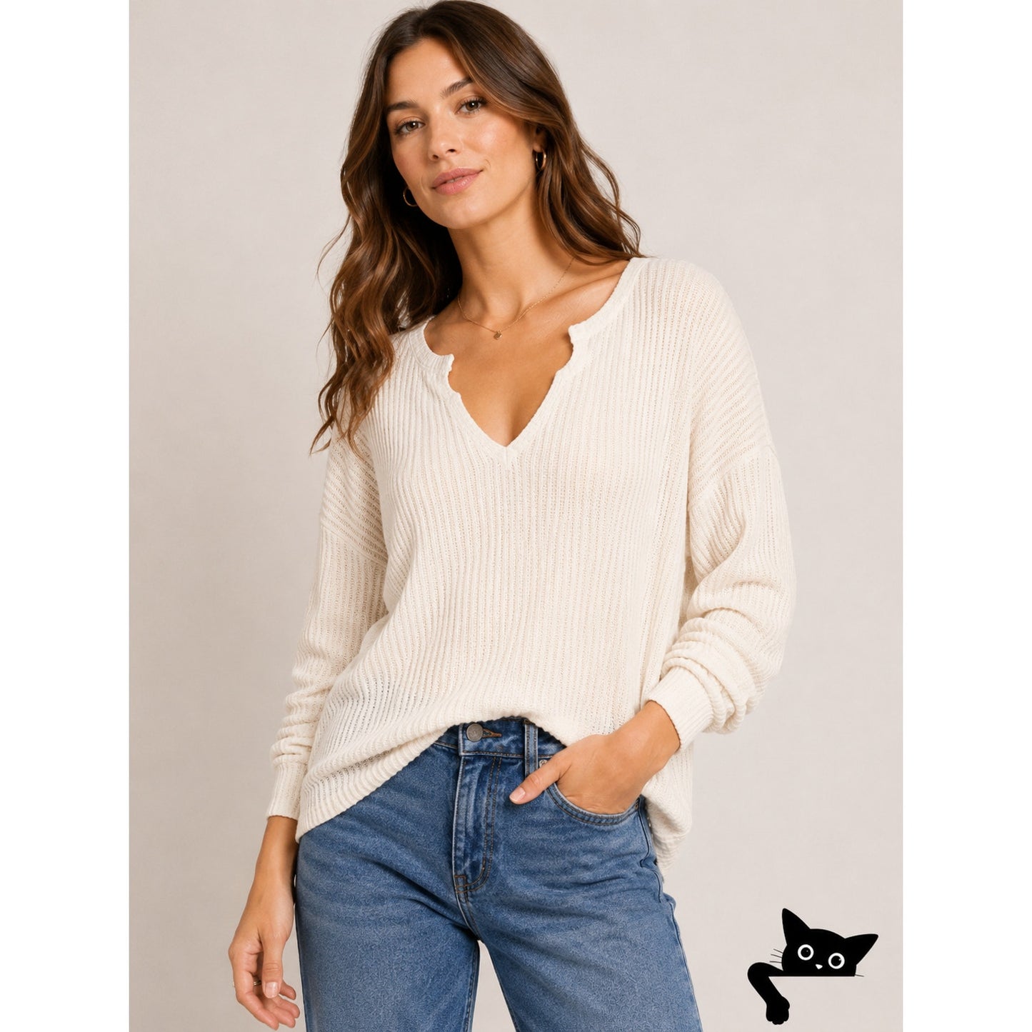 Chaser Vintage Cream Thermal Raw Split Neck Long Sleeve Soft Stretchy Top S