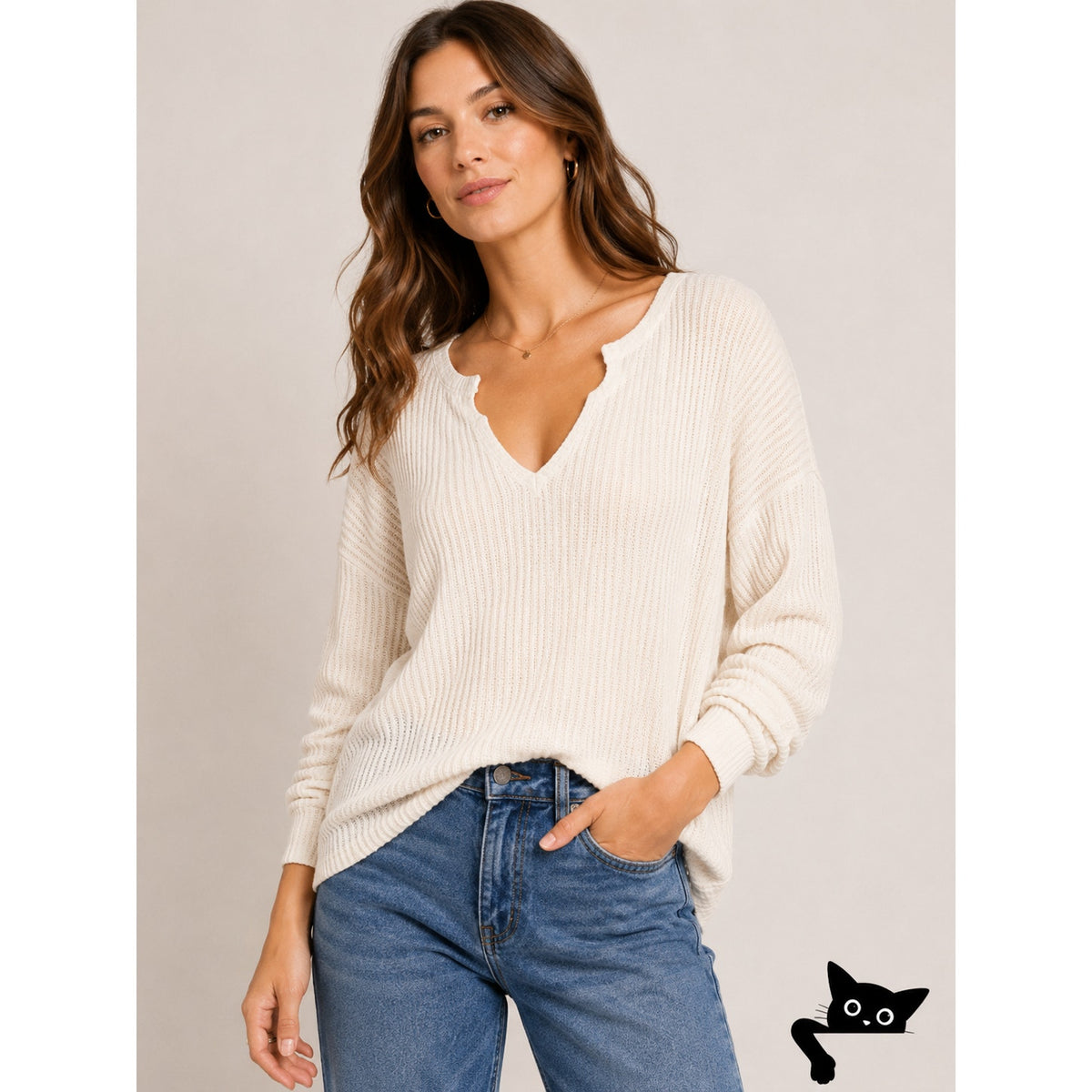 Chaser Vintage Cream Thermal Raw Split Neck Long Sleeve Soft Stretchy Top S