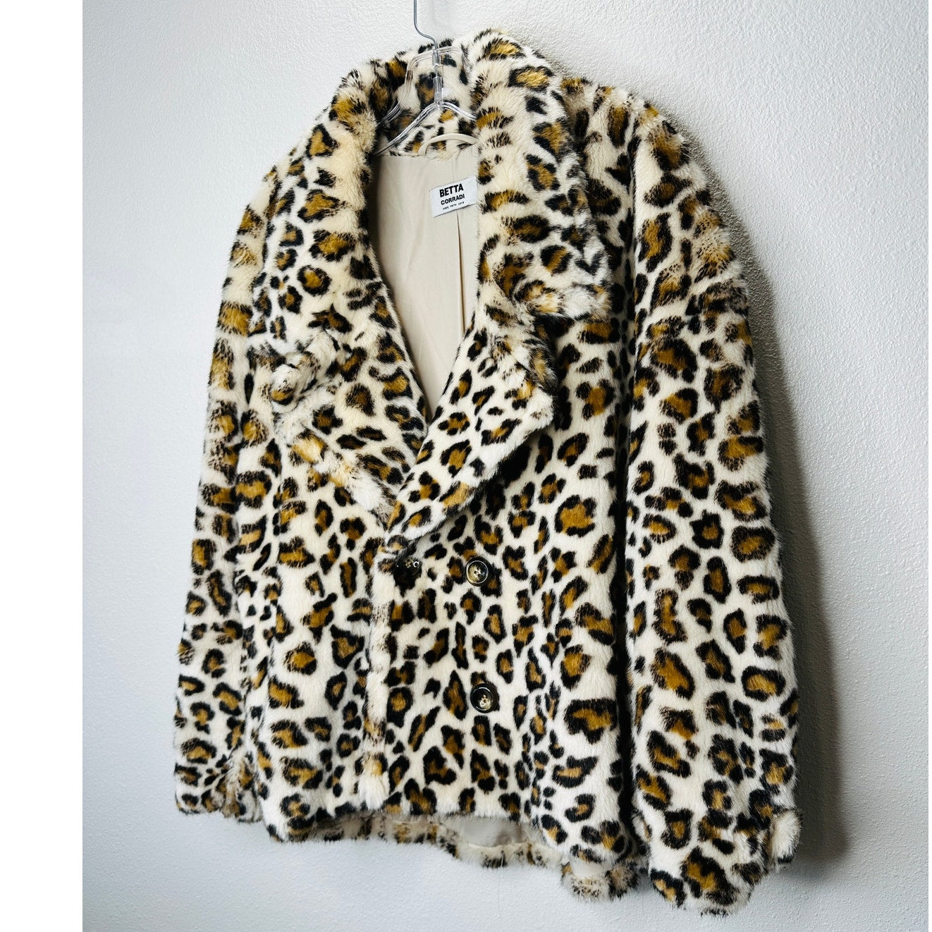 Betta Corradi Cream Brown Black Leopard Print Fuzzy Double Breasted Jacket