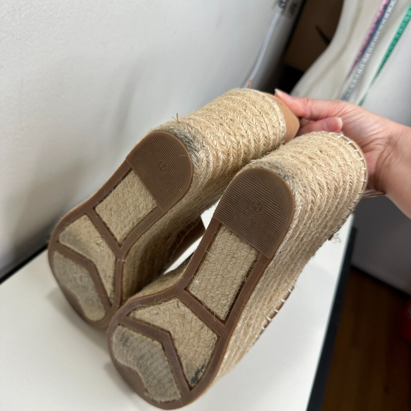 Marc Fisher Cute Tan Adalyne Platform Leather Open Toe Espadrille Wedges 7.5