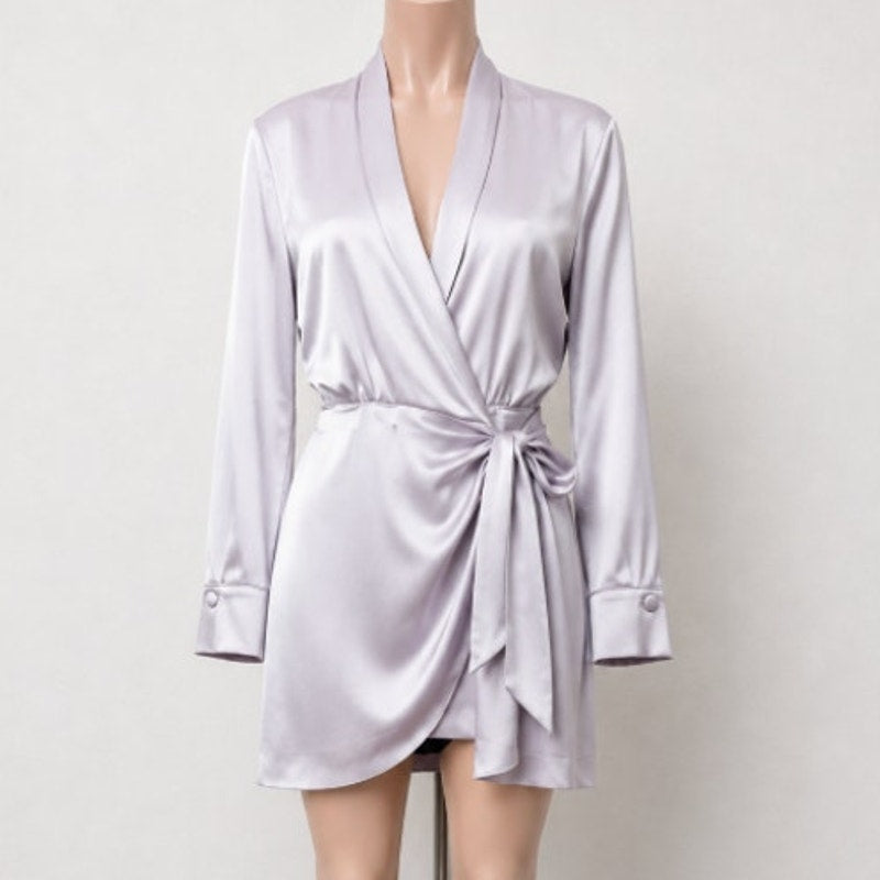 Nanushka Lilac Siwa Tech Satin Wrap Dress Asymmetrica V-Neck Concealed Snap S