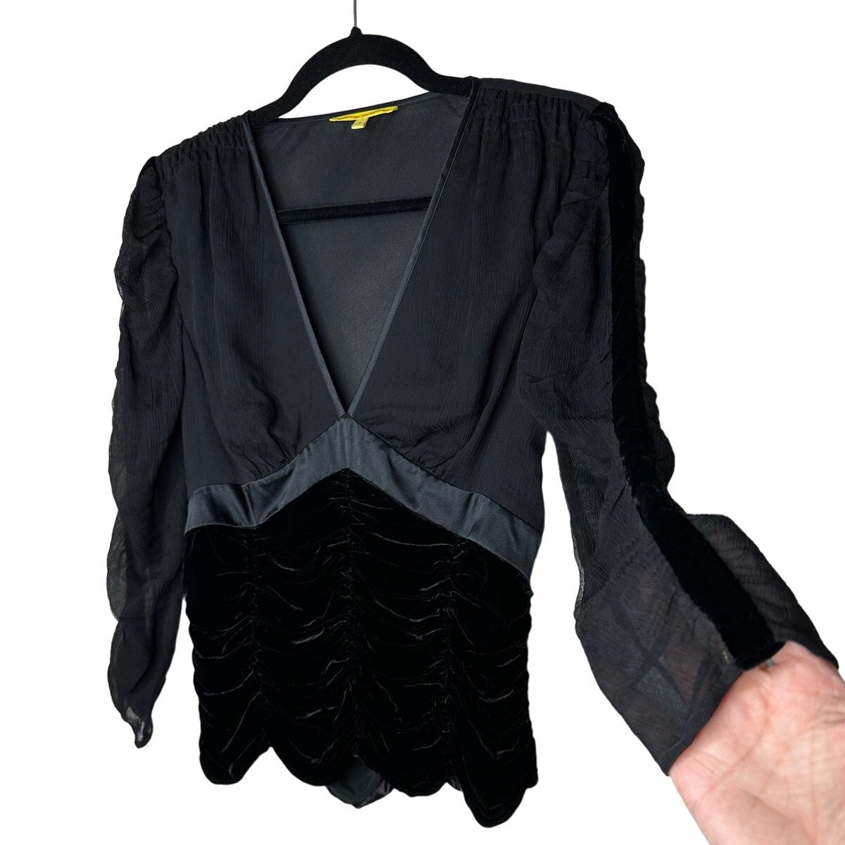 Catherine Malandrino Black Deep-V Gauze Satin Velvet Ruched 3/4 Sleeve Blouse S