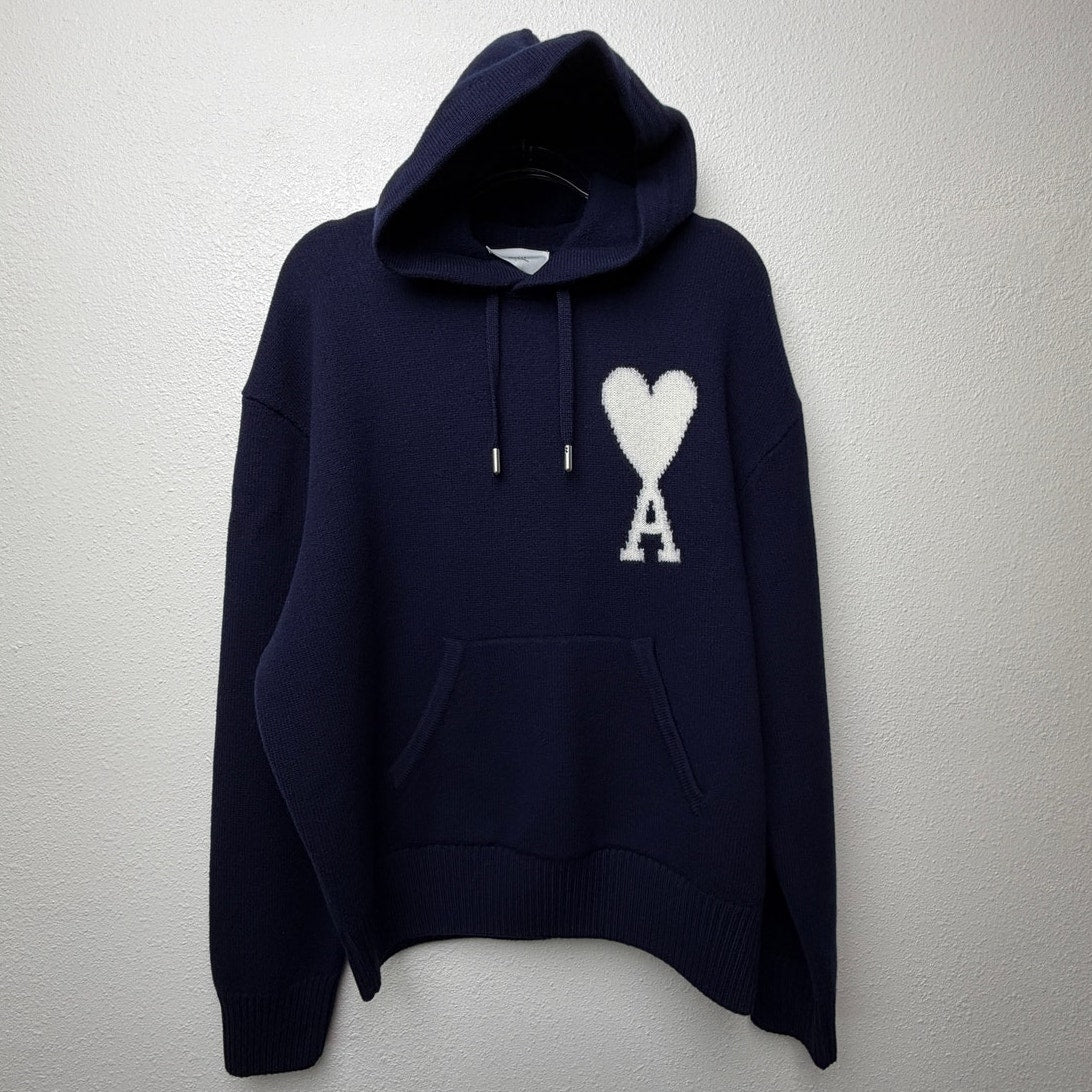 AMI Paris Ami de Coeur Heart Logo Navy Wool Knit Hoodie Men's US L