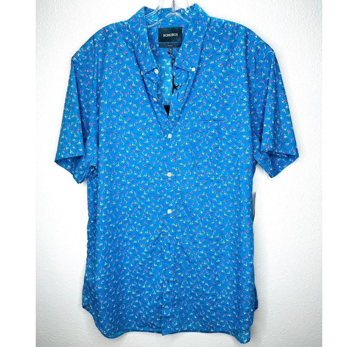 NWT Bonobos Blue with Tiny Pink & White Flamingos Button Shirt XL