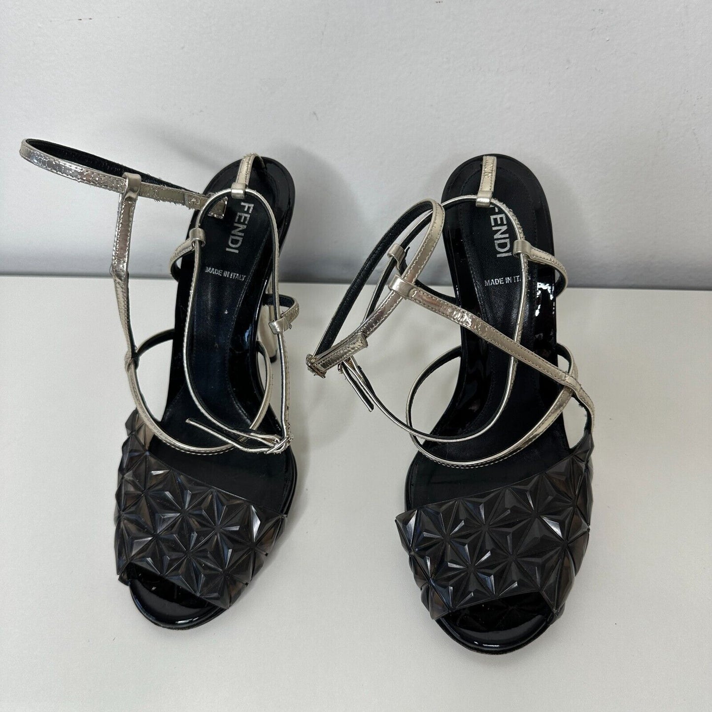 Fendi Cute Black Silver Iridia PVC Buckle Pyramid Metallic Strap Sandals 39
