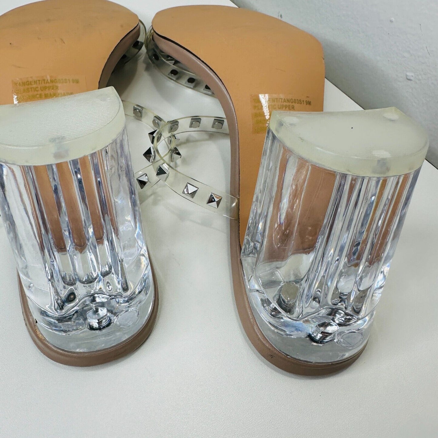 Steve Madden Nude Lucite Tangent Cone Heel Clear Silver Studded Strappy Sandal 9