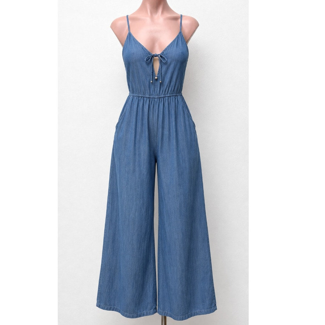 Lovestitch Medium Wash Blue Wide Leg Spaghetti Strap V-Neck Front Tie Jumpsuit S