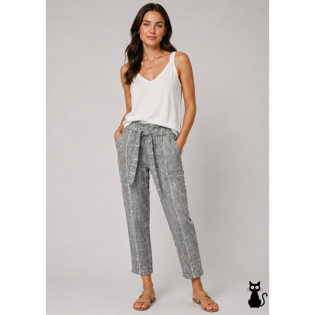 Free People Casual Cream & Black Tweed Stripe Crop Trouser Pants Tie Belt 2