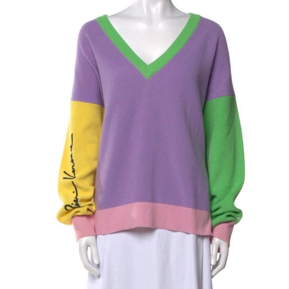 Versace Colorblock Cashmere V-Neck Sweater Purple/Green Women’s S IT38