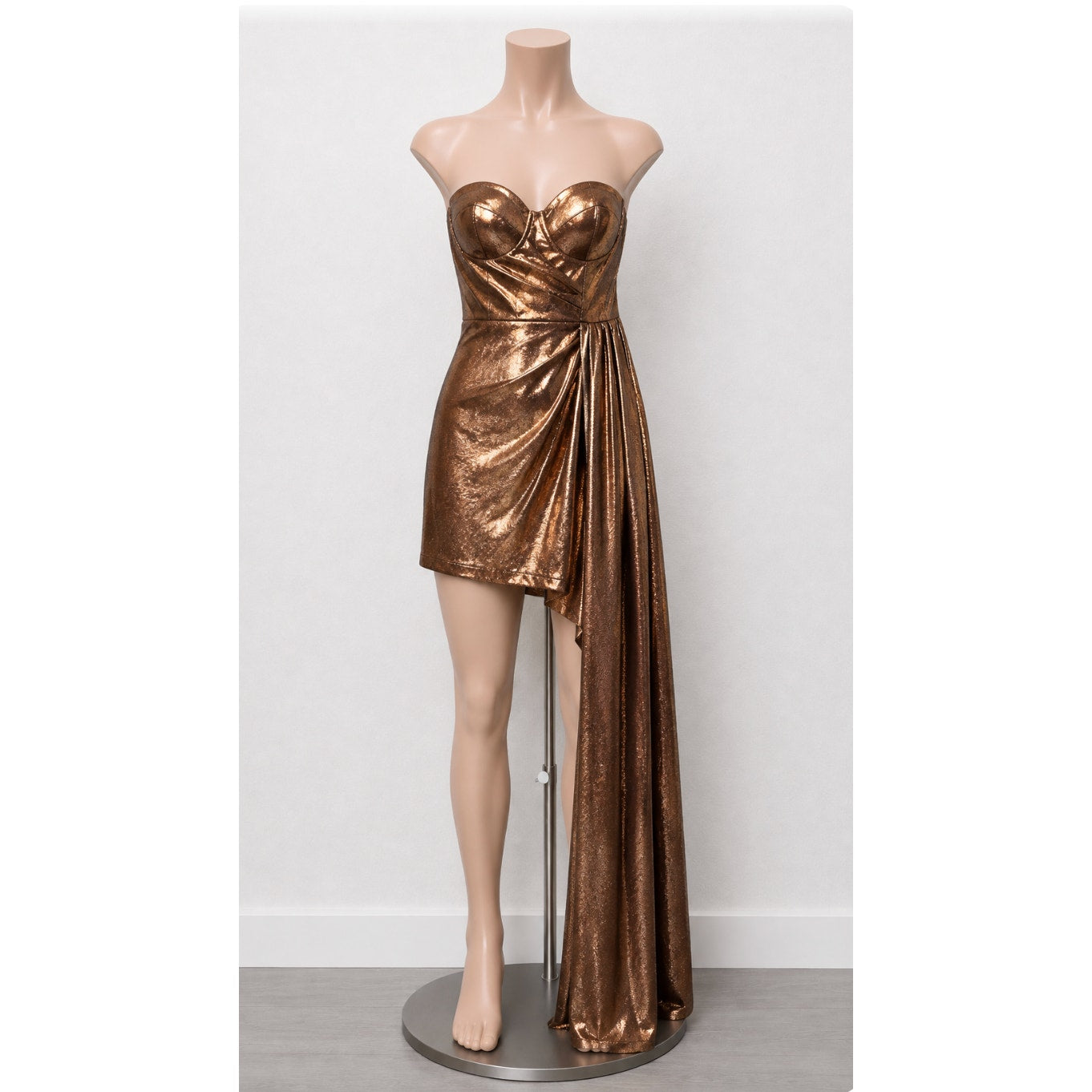 Bronze Gold Metallic Sweetheart Neck Sleeveless Bodycon Mini Long Sash Dress SM