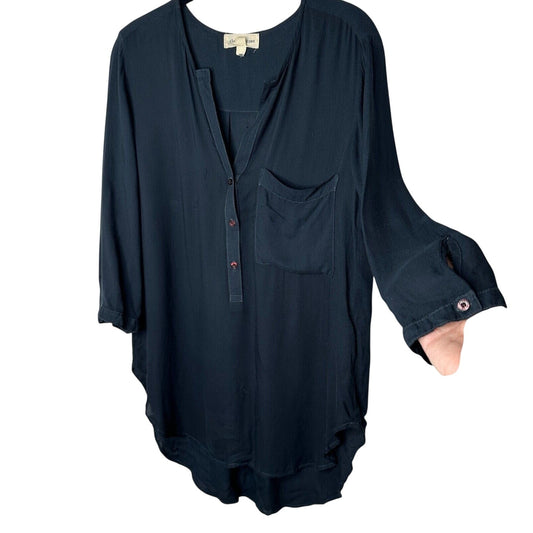 Cloth & Stone Black Henley Half-Button Long Sleeve V-Neck Shirt Tail Hem Top SM