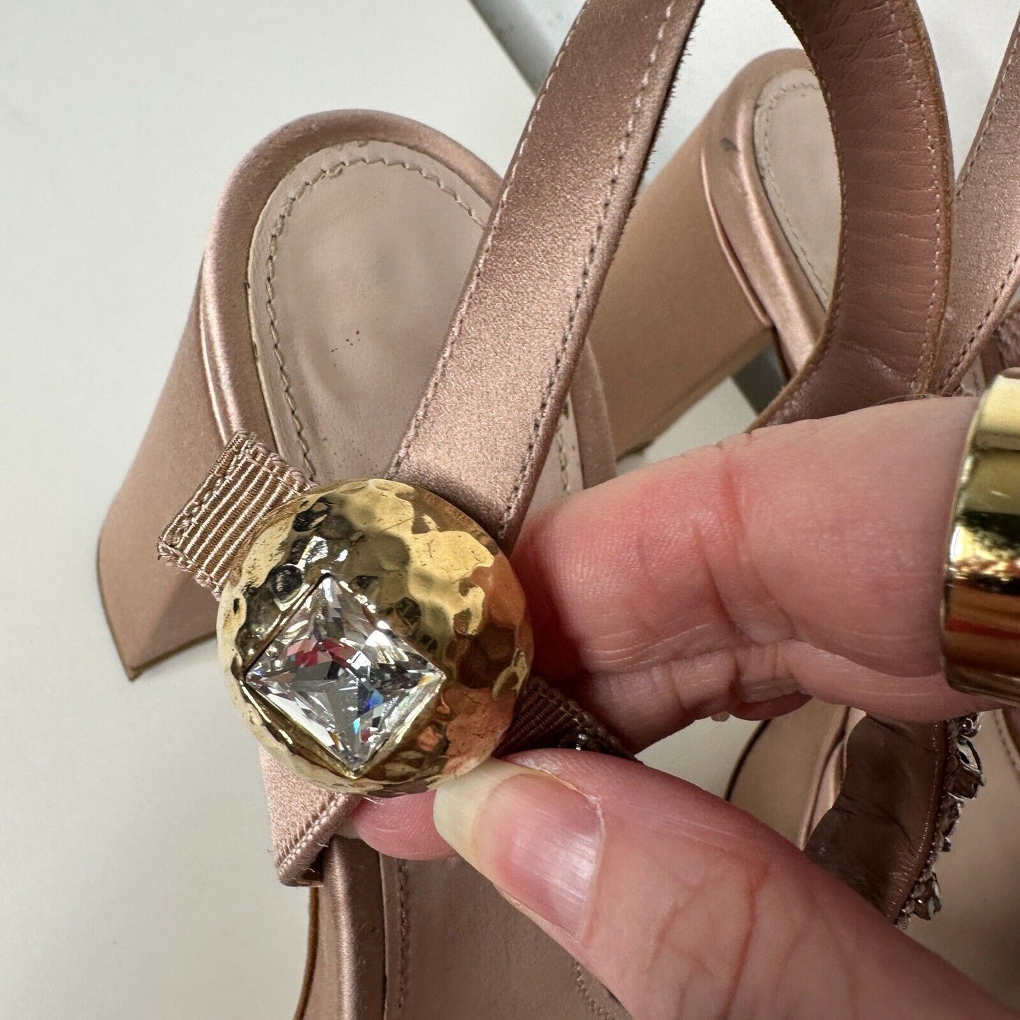 Miu Miu Nude Calzature Donna Satin Crystal Ankle Strap Platform Block Heels 10.5