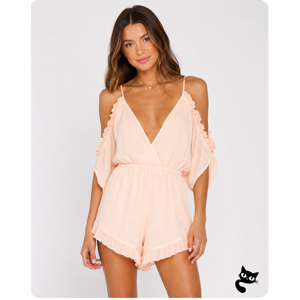 Lovers + Friends Cute Peach Malia Ruffle Cold Shoulder Deep-V Open Back Romper L